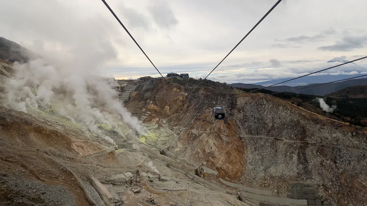 Hakone Ropeway gondola above the steaming Owakudani valley on a Mt Fuji and Hakone bullet train day tour from Tokyo