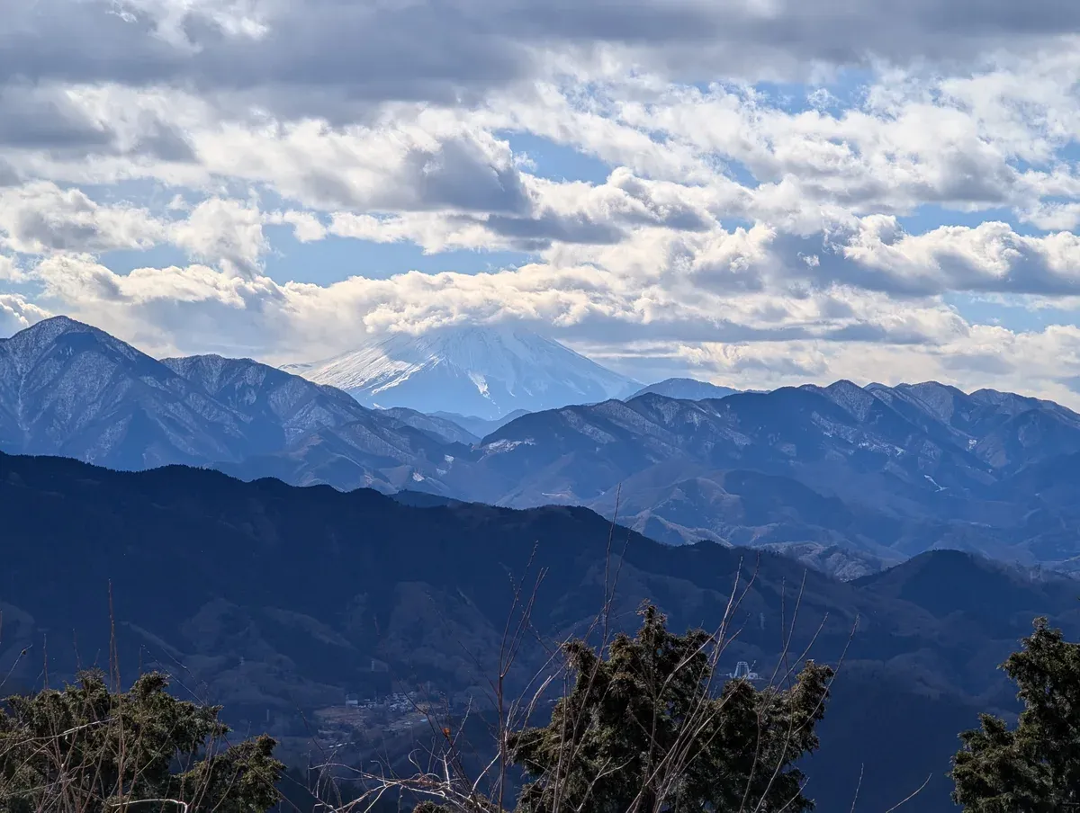 Snowy Mt Fuji seen from Mount Takao on a day trip from Tokyo by Keio train