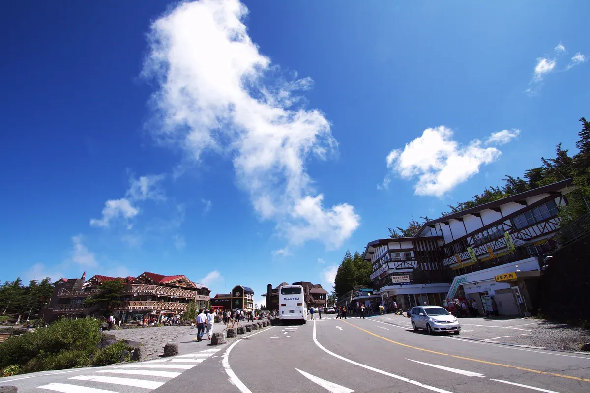 Shops and bus stop at the Mt Fuji 5th Station on a day tour from Tokyo